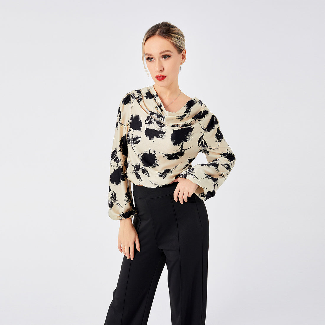 Elegant Dame Print Bluse med Drop-krave