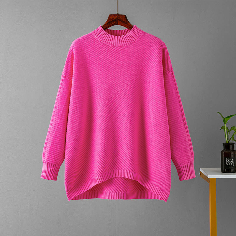 Retro Oversized Pullover i Ensfarvet med Lange Ærmer