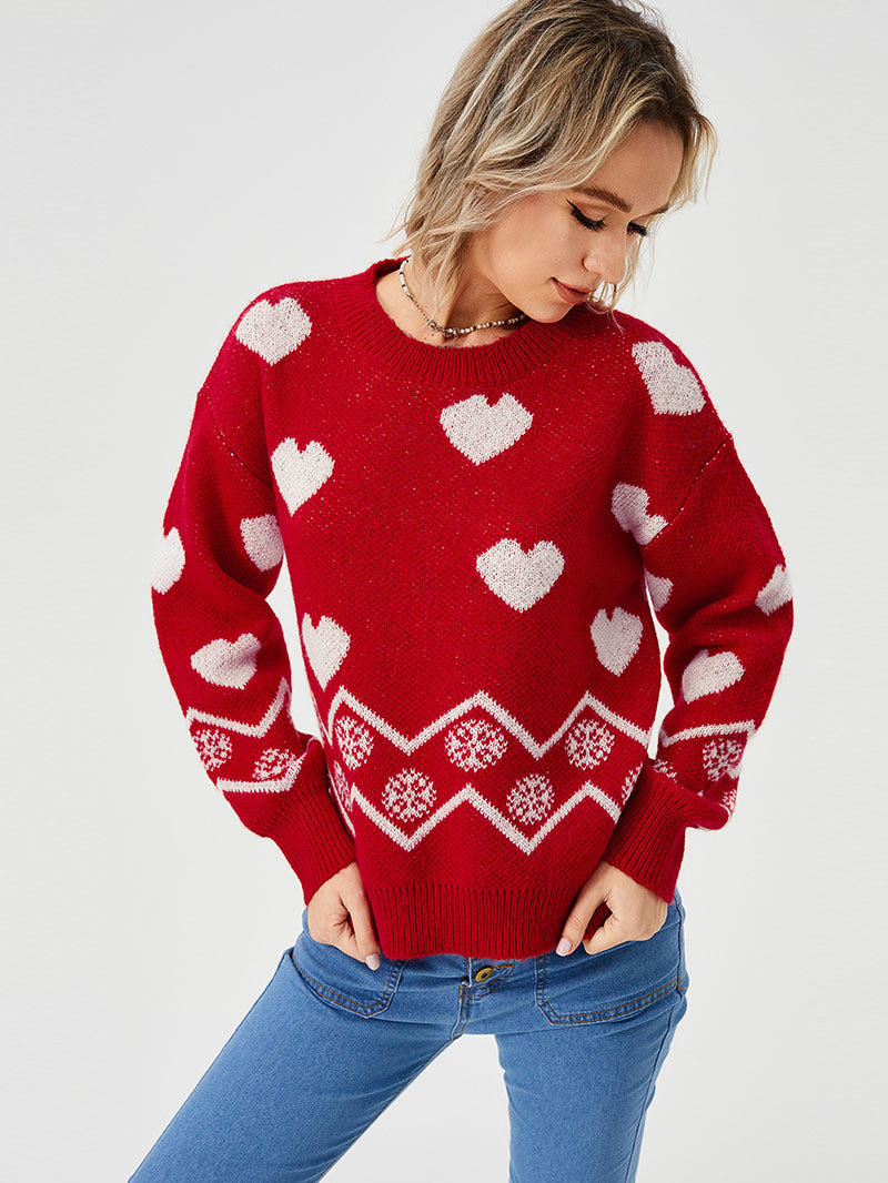 Dame Løs Casual Sweater med Hjerte-motiv